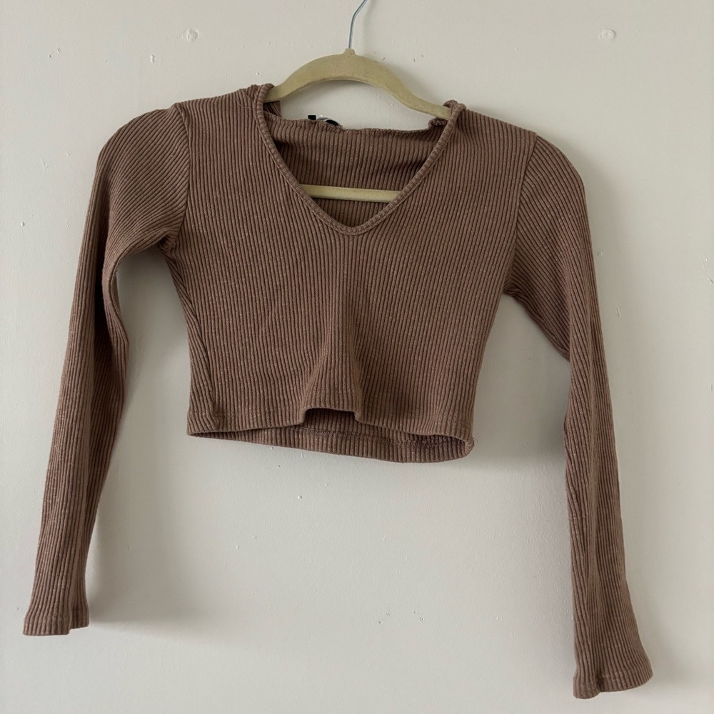 Fashion nova ribbed cropped hoodie tan
